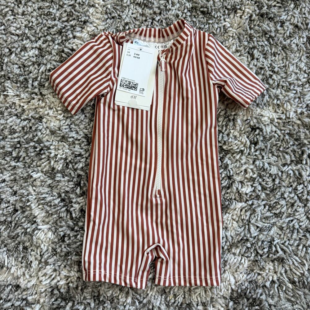 H&M One Piece Stripe Swimsuit 3-6 Months Baby Boy Rash Guard Brown White